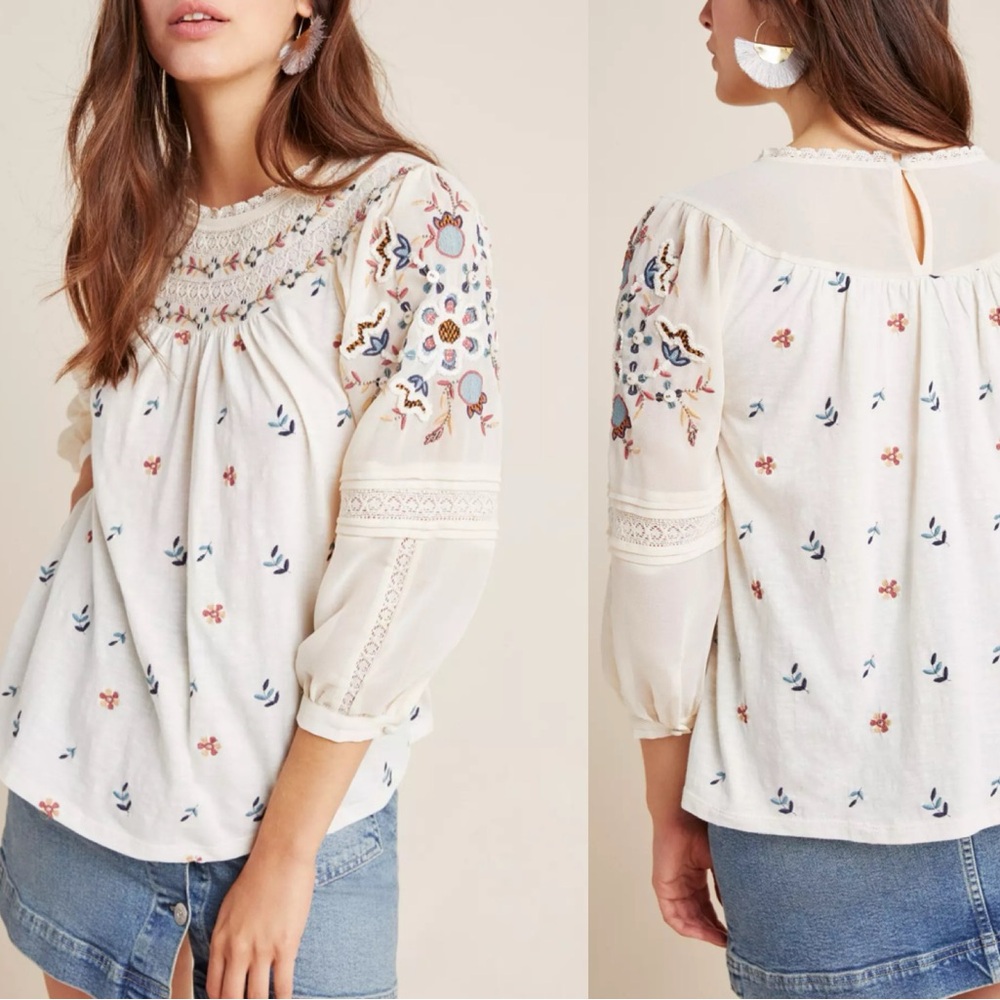 Anthropologie Priscilla Embroidered Peasant Blouse Cream Size Small